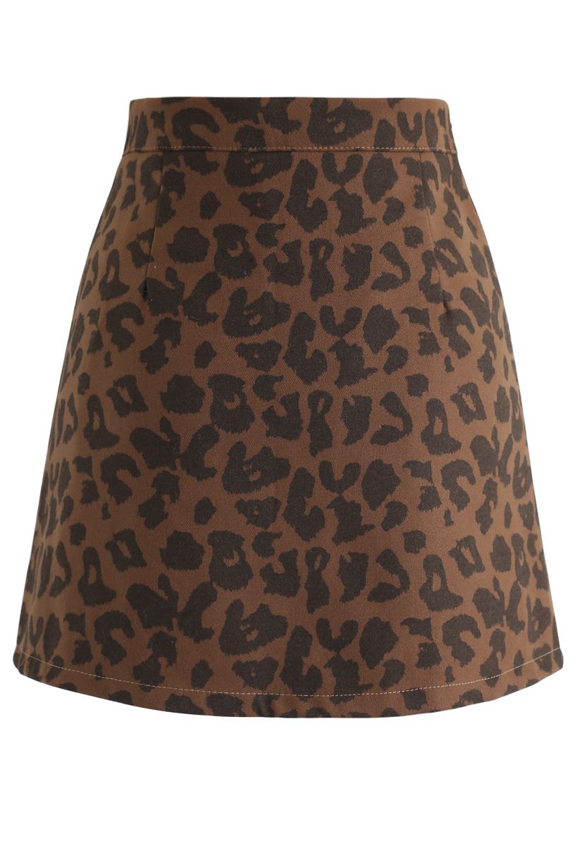 Minifalda con cremallera y estampado de leopardo en marrón