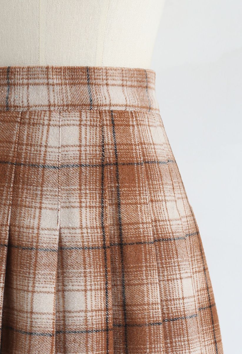Minifalda pantalón de mezcla de lana plisada a cuadros en tostado