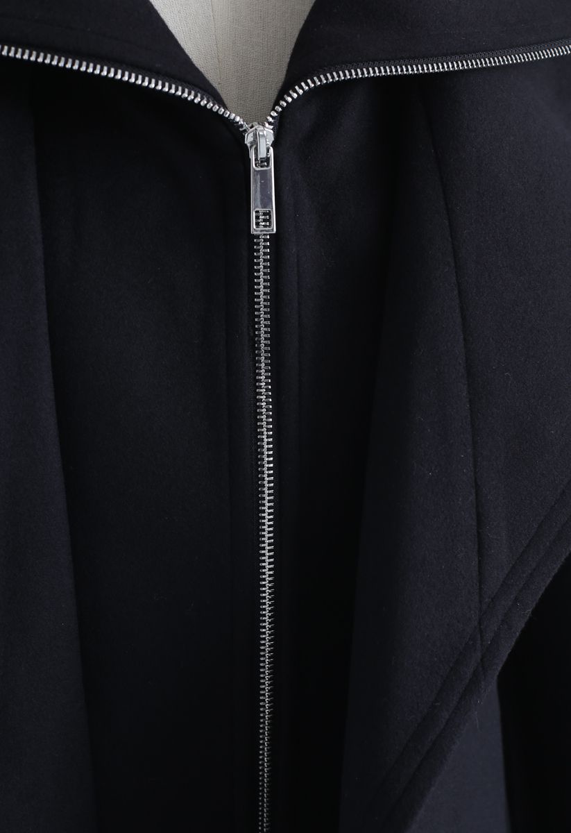 Abrigo de mezcla de lana con cinturón y cremallera en negro