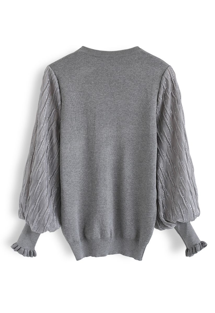 Top de punto con mangas abullonadas Shiny Lines en gris