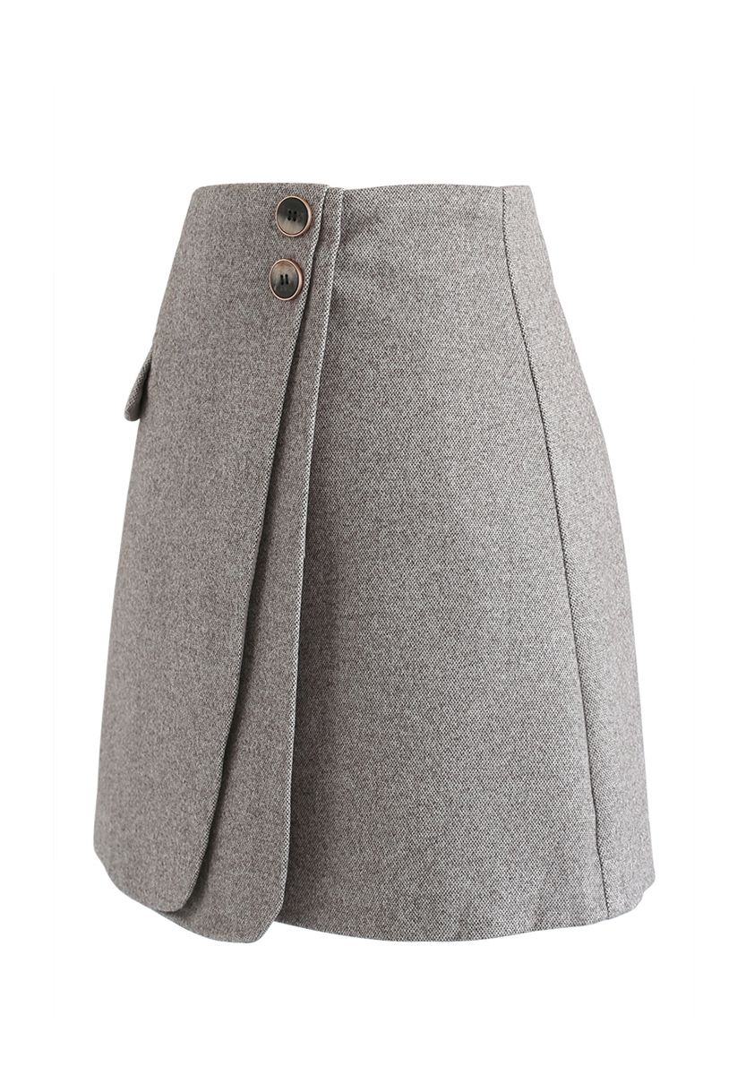 Minifalda de mezcla de lana con doble solapa en gris