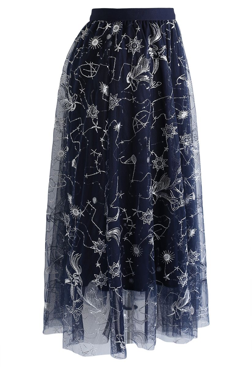 Falda de tul de malla bordada con lentejuelas en azul marino
