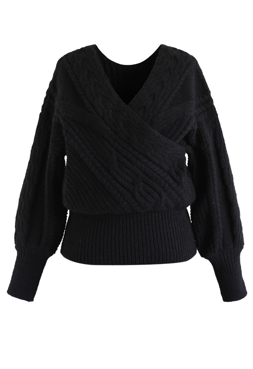 Suéter de punto cruzado con textura trenzada esponjosa en negro