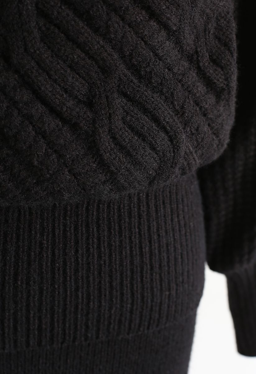 Conjunto de suéter y falda de punto cruzado con textura trenzada esponjosa en negro