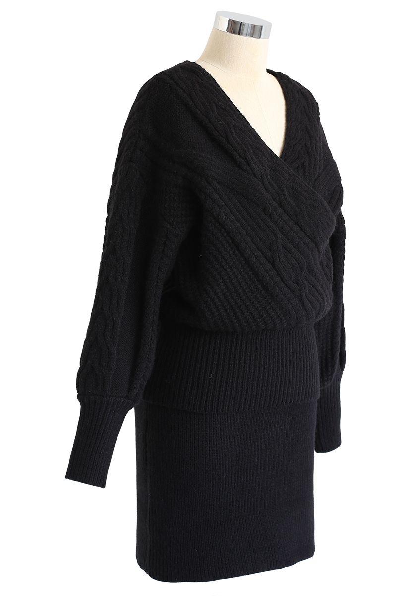 Conjunto de suéter y falda de punto cruzado con textura trenzada esponjosa en negro