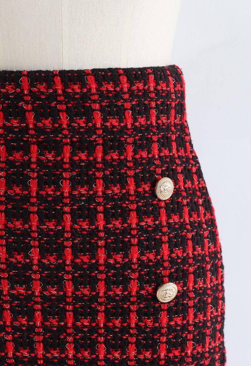 Falda lápiz midi de rejilla decorada con botones en rojo
