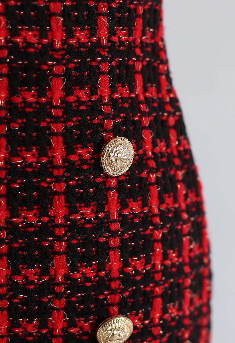 Falda lápiz midi de rejilla decorada con botones en rojo