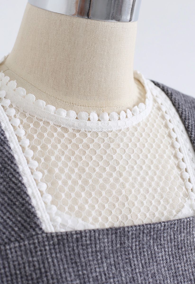 Conjunto de top de encaje de croché y vestido de tirantes en mezcla de lana