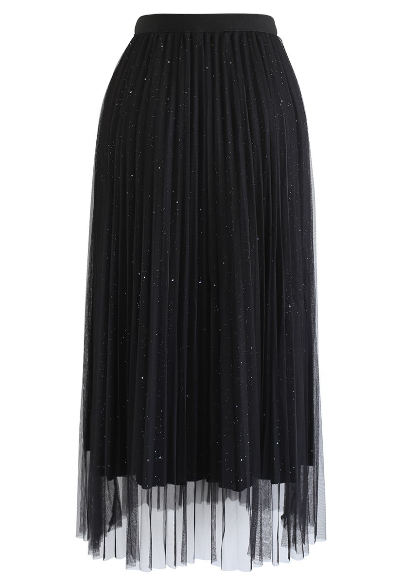 Falda plisada de tul de malla con forro brillante en negro