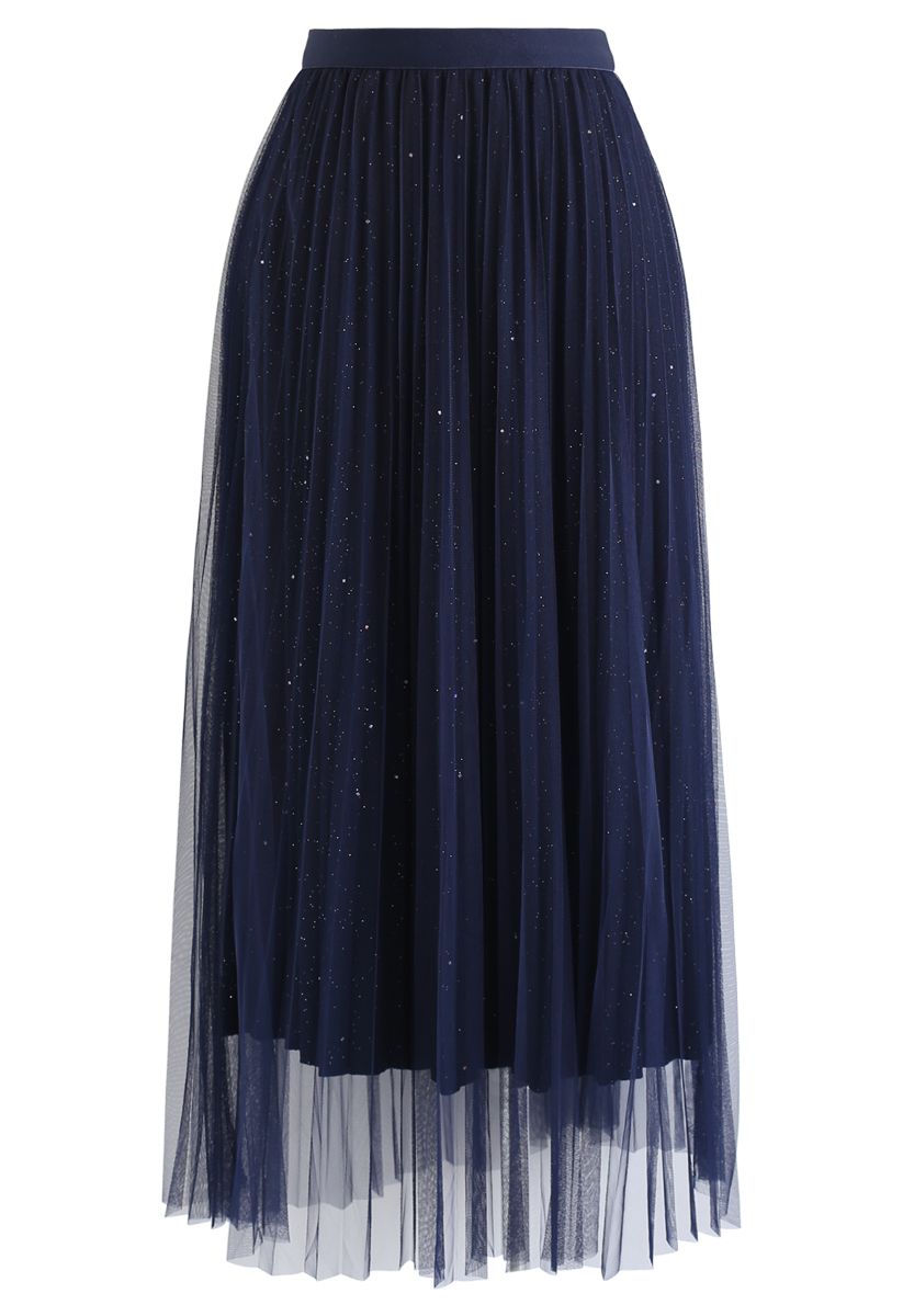 Falda plisada de tul de malla con forro brillante en azul marino