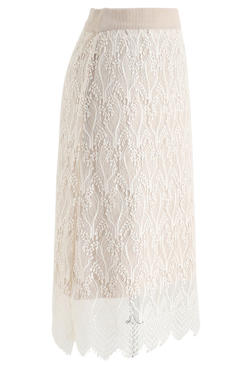 Falda de punto con dobladillo de encaje reversible en color crema