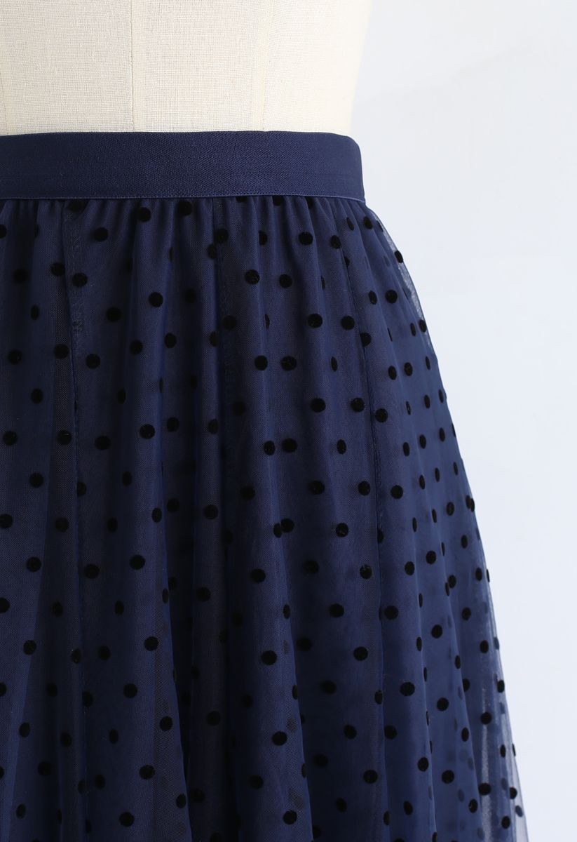 Falda de tul de malla de doble capa con lunares completos en azul marino
