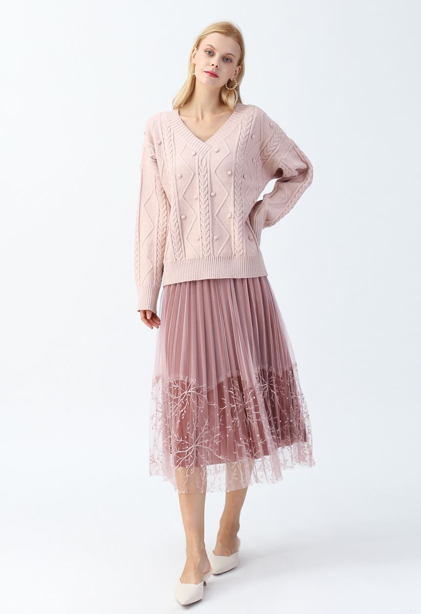 Falda plisada de terciopelo de malla bordada con perlas en rosa