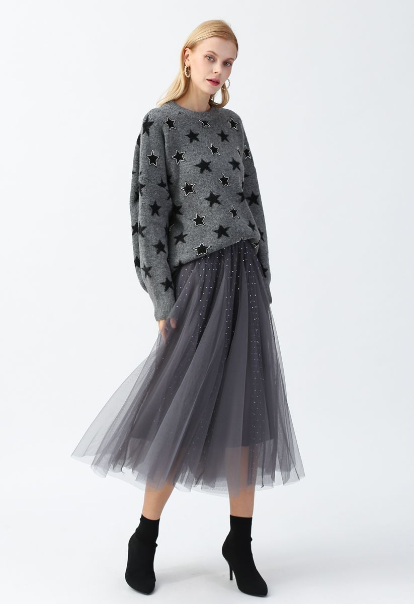 Falda midi de tul de malla de doble capa con lentejuelas en gris