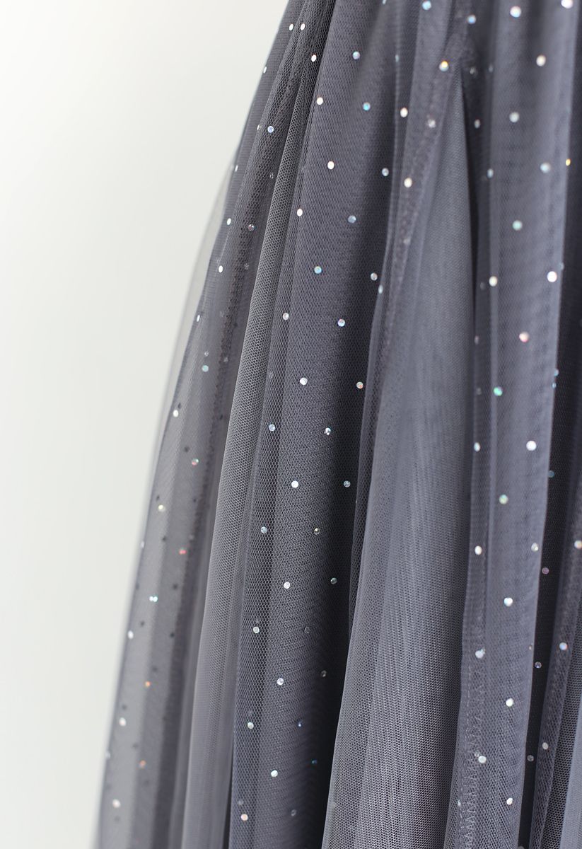 Falda midi de tul de malla de doble capa con lentejuelas en gris