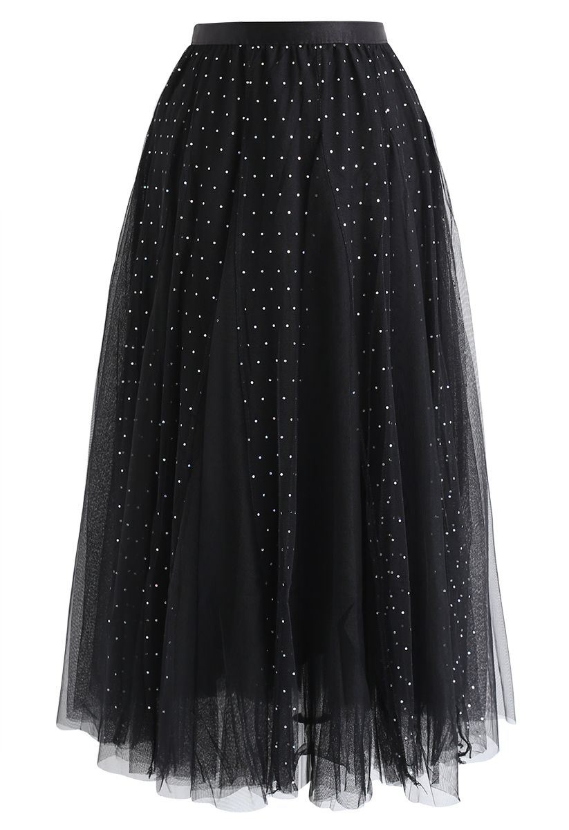 Falda midi de tul de malla de doble capa con lentejuelas en negro