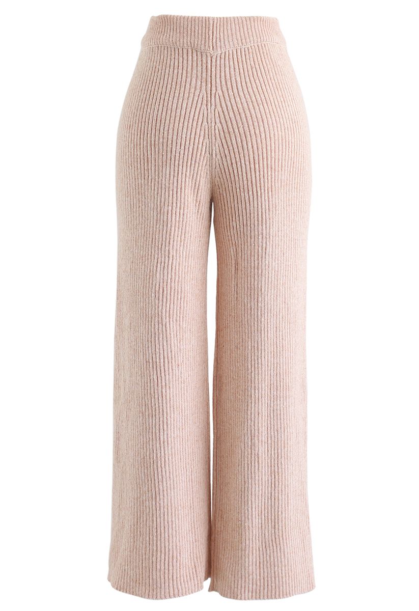 Pantalones de punto de cintura alta y pernera ancha en rubor
