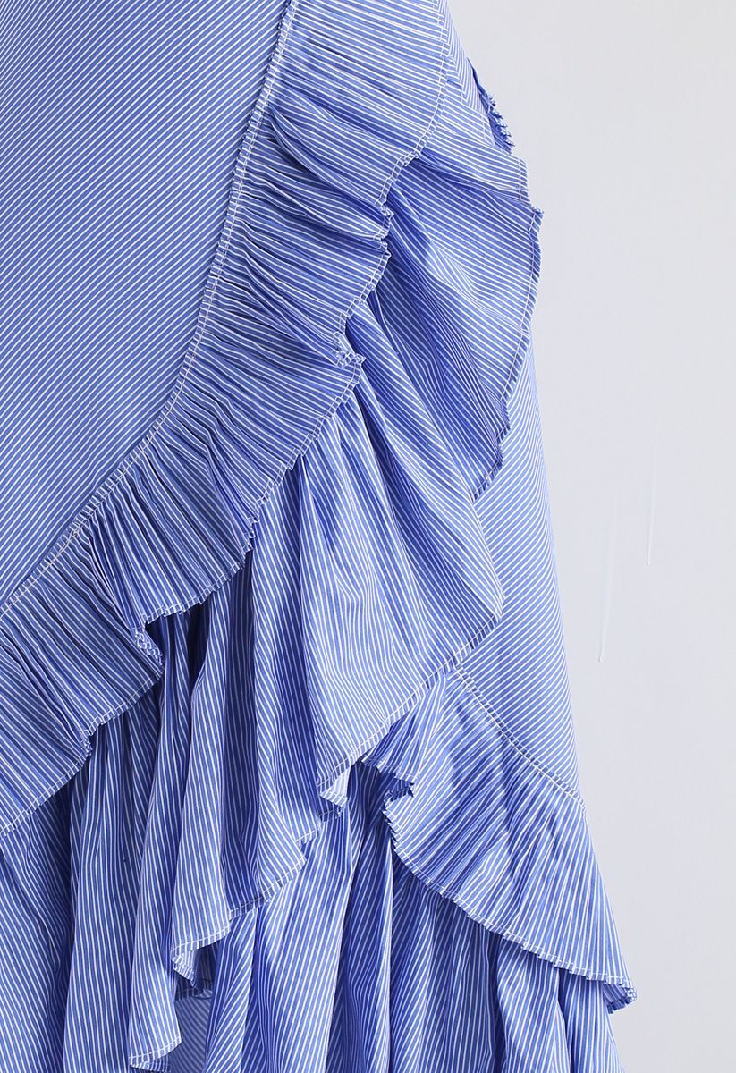 Falda de Tiempos y Volantes en el Dobladillo con Rayas Azules
