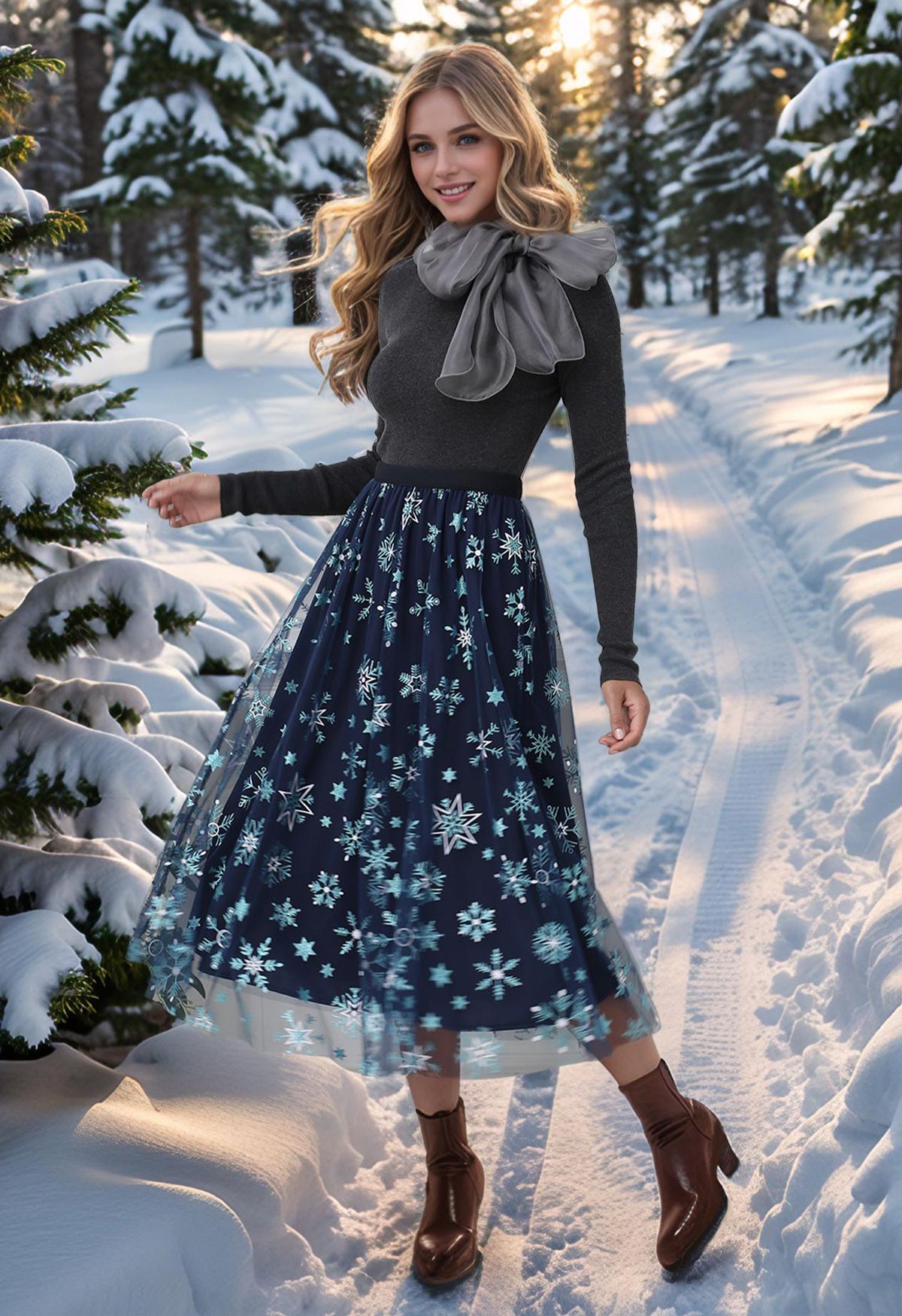 Falda midi de tul con malla y copos de nieve y estrellas brillantes