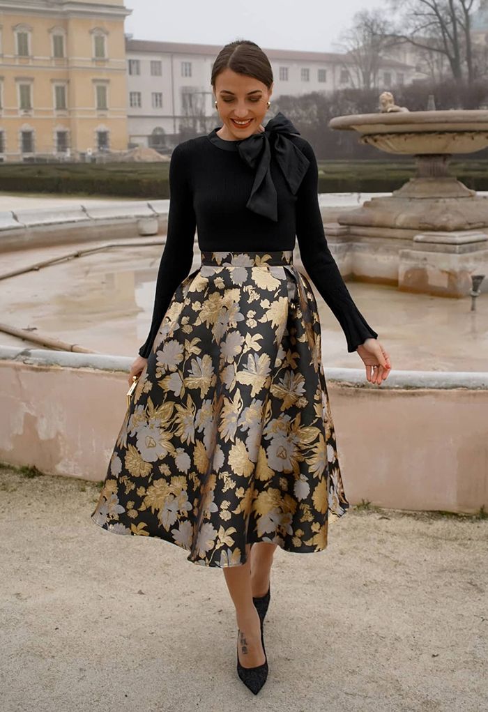 Falda midi evasé de jacquard ramos - Retro, Indie Unique Fashion