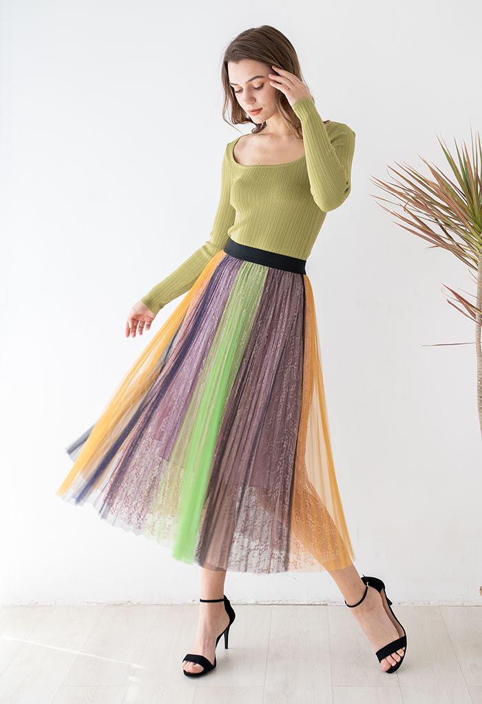 Falda de tul plisada con encaje color block en verde