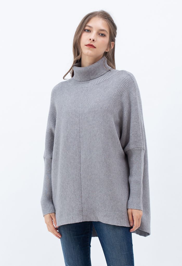 Suéter de cuello alto sin esfuerzo elegante con manga de murciélago en gris