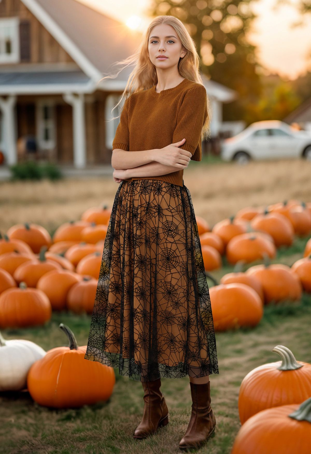 Falda midi de tul de malla Mystique de Cobweb en color calabaza