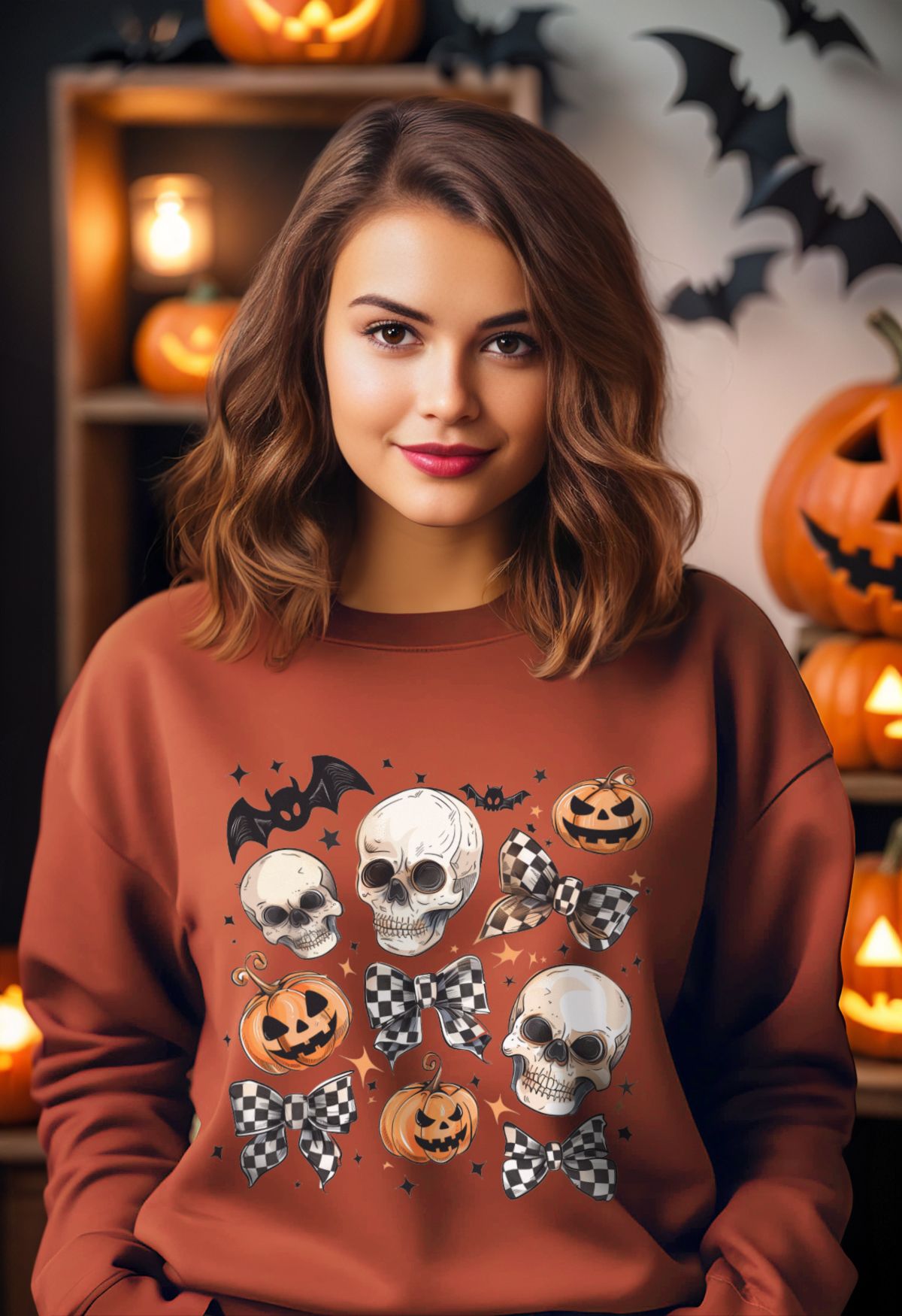 Sudadera con estampado de calaveras y lazos a cuadros