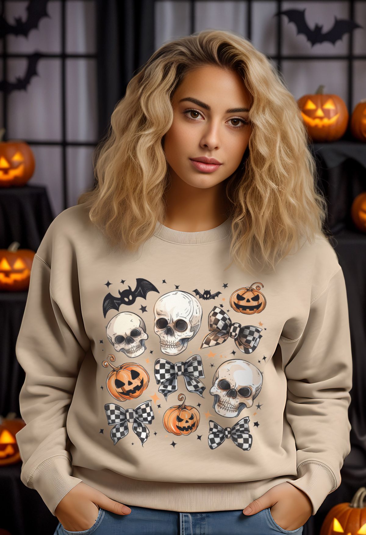 Sudadera con estampado de calaveras y lazos a cuadros