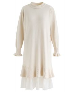 Organza Ruffle Hem Knit Shift Dress in Cream