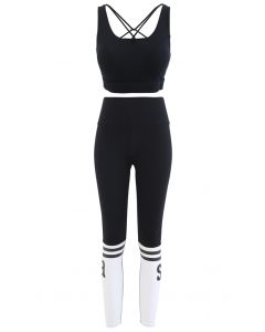 Conjunto de sujetador deportivo con cordones en la espalda y leggings levantadores de glúteos en negro