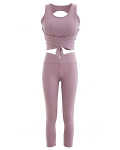 Open Back Bowknot Waist Sports Bra and Crop Leggings Sets in Lilac
