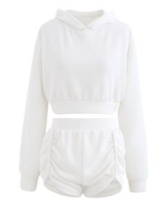 Cotton Blend Crop Hoodie and Shorts Set in White