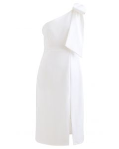 Bow Strap Oblique Slit Shift Dress in White
