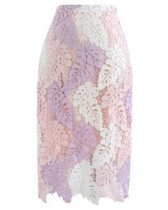 Multi-Color Leaves Crochet Pencil Skirt in Pink