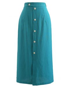Button Embellished Slit Front Midi Skirt in Teal