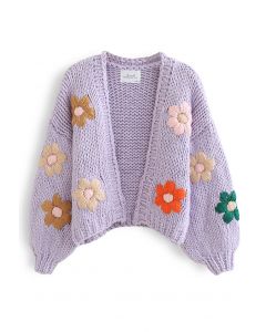 Cárdigan grueso tejido a mano Stitch Flowers en lila