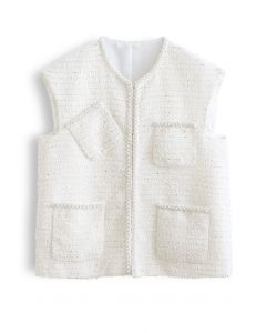 Pearly Edge Pocket Tweed Vest Jacket in White