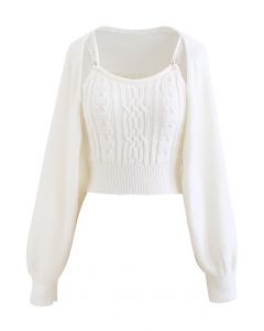 Cropped Braid Knit Cami Top and Sweater Sleeve Set in White