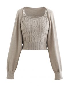 Cropped Braid Knit Cami Top and Sweater Sleeve Set in Linen