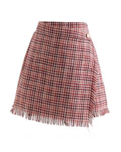 Minifalda con solapa de tweed de pata de gallo con borlas en rojo