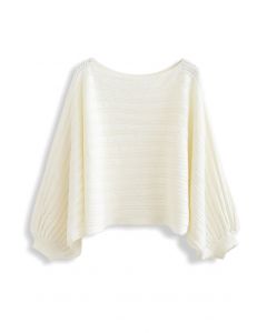 Boat Neck Batwing Sleeve Crop Sweater in White