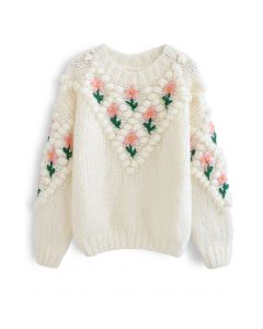 Suéter tejido a mano con pompones de diamantes florales de Stitch en blanco