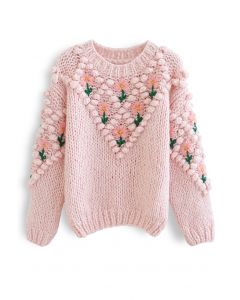 Suéter tejido a mano con pompones de diamantes florales de Stitch en rosa