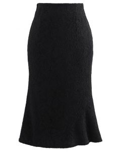 Falda de tubo acampanada de encaje de terciopelo barroco en negro