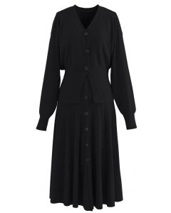 Conjunto de falda y cárdigan de punto versátil y cómodo en negro