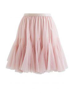 Minifalda de tul de malla con dobladillo con volantes en rosa