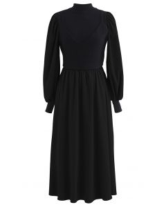 Vestido de pana con empalme de punto con cuello simulado en negro