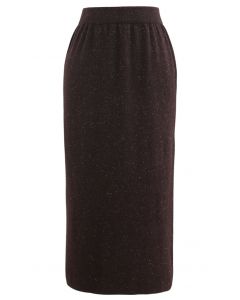 Falda de punto acanalado con abertura trasera de hilo metálico en marrón