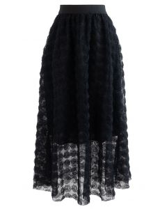 Falda midi de tul de malla 3D Rose en negro